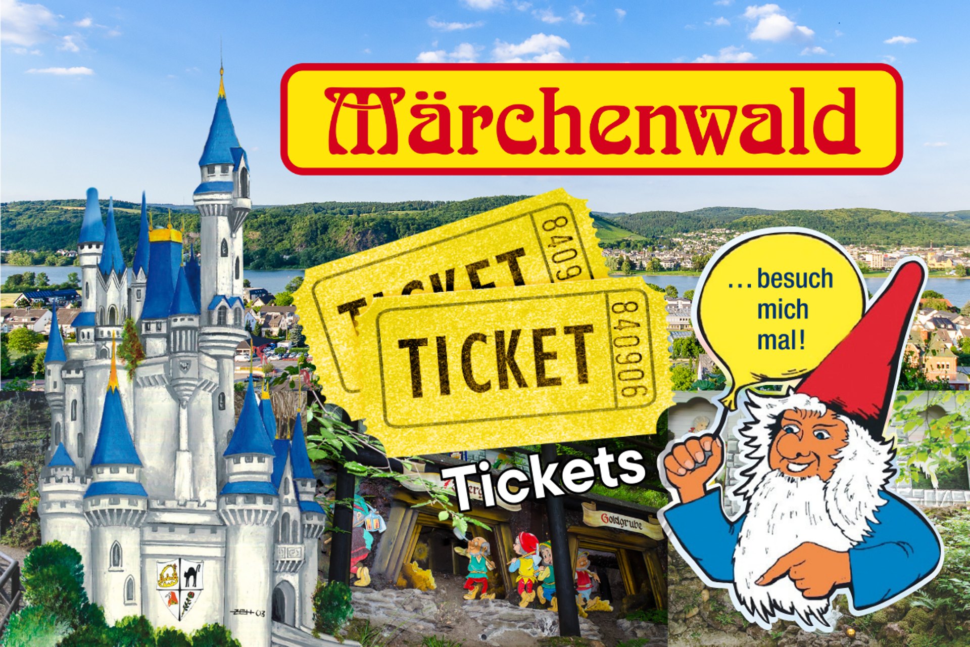 Werbemotiv des Märchenwalds: gemaltes Märchenschloss, Eintrittskarten und der Zwerg vor dem Rheintal